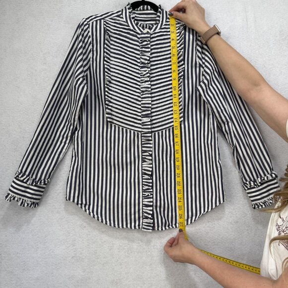 J Crew Shirt Womens Small Navy White Stripe Ruffle Trim Band Collar Long Sleeve - Picture 2 of 9